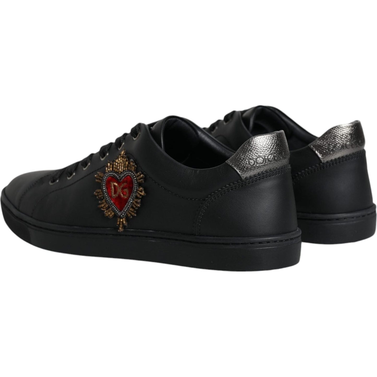 Dolce & Gabbana Black Leather Heart Embellished Sneakers Shoes Dolce & Gabbana