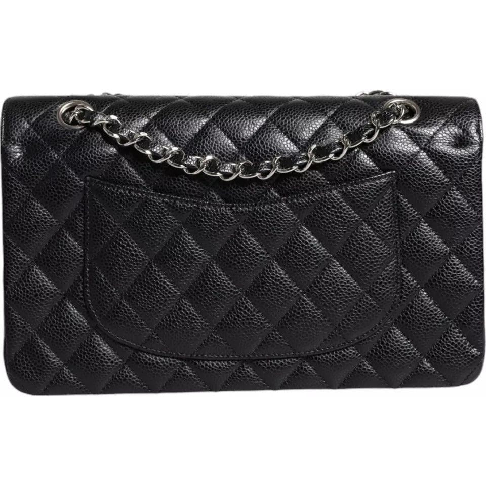 Chanel Black Caviar Medium Classic Double Flap Shoulder Quilted Silver Bag Chanel