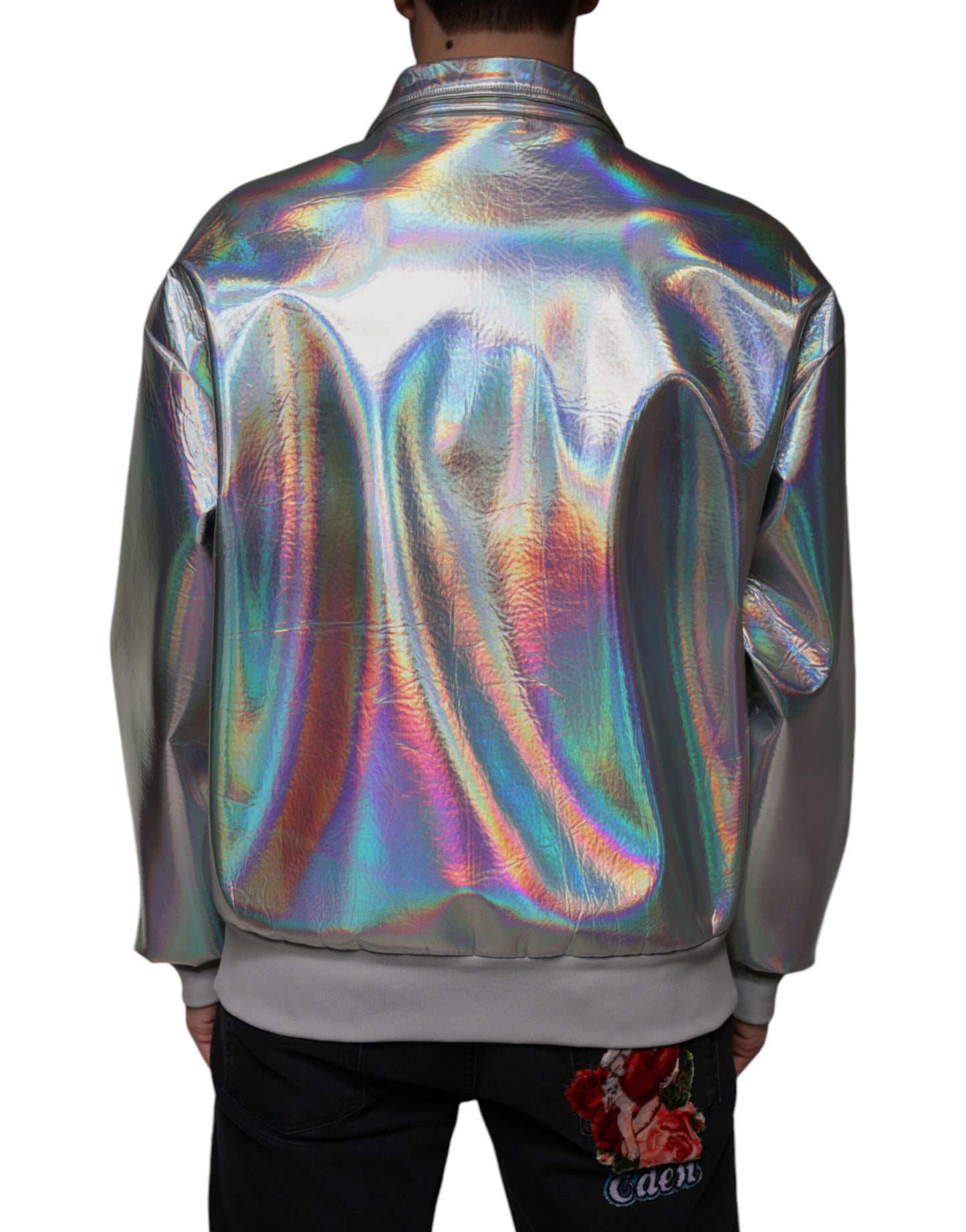 Dolce & Gabbana Silver Iridescent Full Zip Men Bomber Jacket Dolce & Gabbana