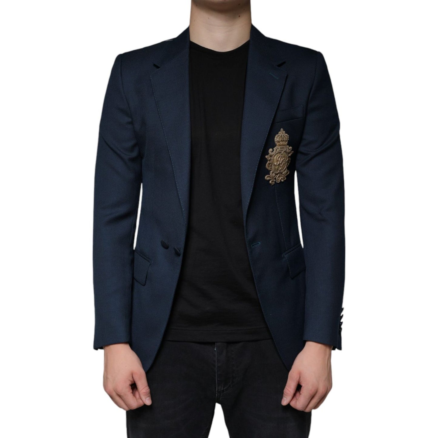 Dolce & Gabbana Blue Wool Logo Single Breasted Coat Blazer