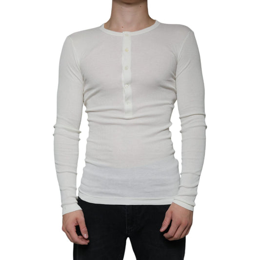 Dolce & Gabbana White Cotton Henley Crew Neck Pullover Sweater