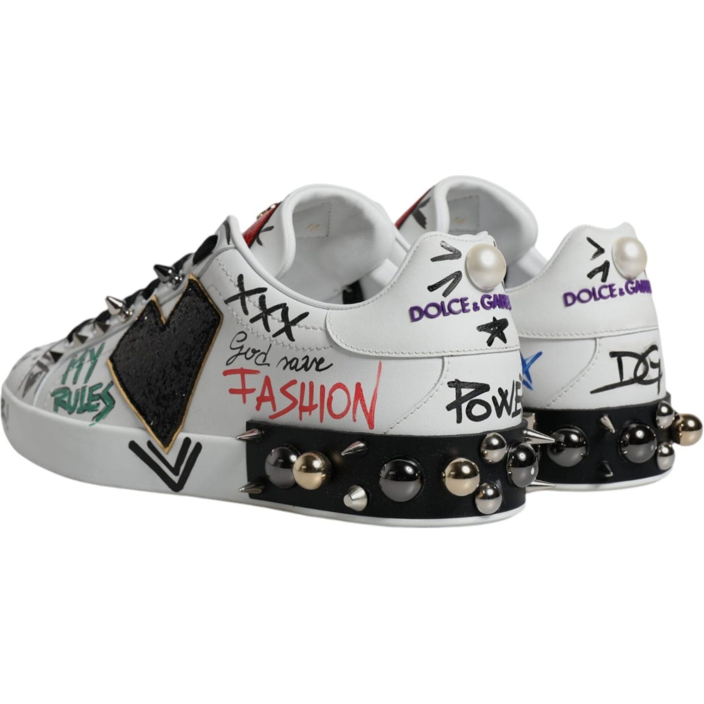 Dolce & Gabbana White Heart Studded Low Top Sneakers Shoes Dolce & Gabbana