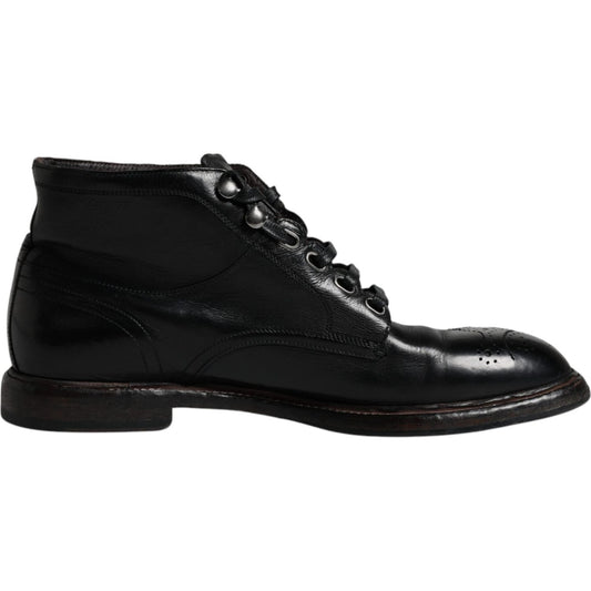 Dolce & Gabbana Black Leather Men Short Boots Lace Up Shoes