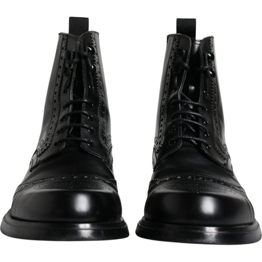 Dolce & Gabbana Black Leather Lace Up Mid Calf Boots Shoes Dolce & Gabbana