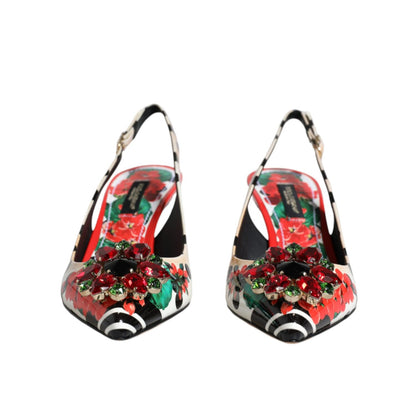 Dolce & Gabbana Multicolor Leather Crystal Heels Slingback Shoes