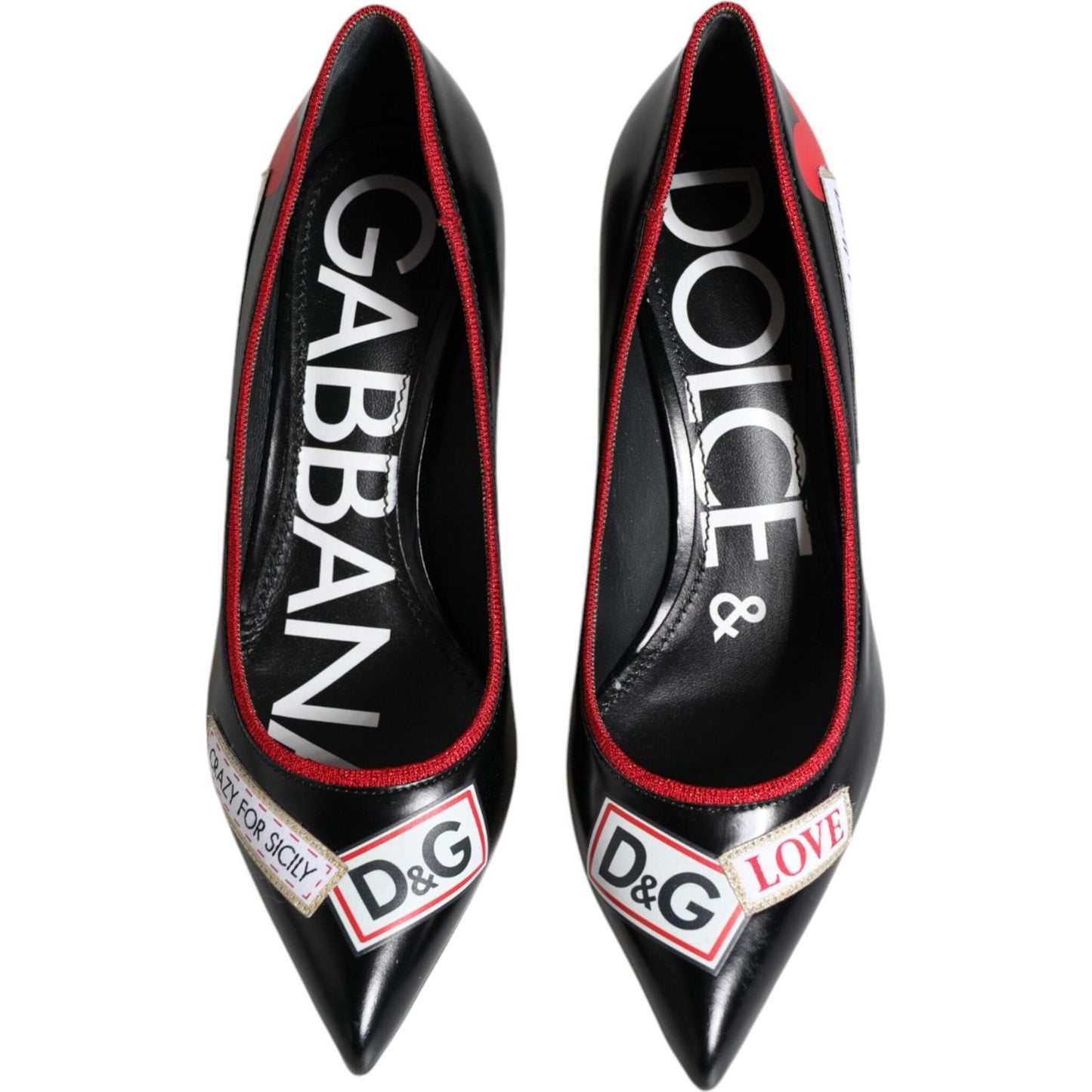 Dolce & Gabbana Black Leather Logo Print Heels Pumps Shoes Dolce & Gabbana