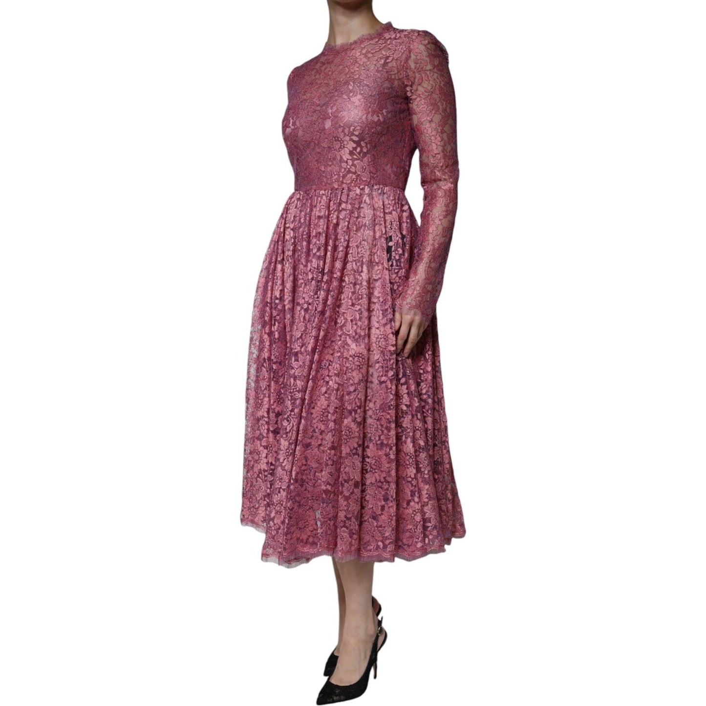 Dolce & Gabbana Fuchsia Floral Lace Long Sleeve Maxi Dress Dolce & Gabbana