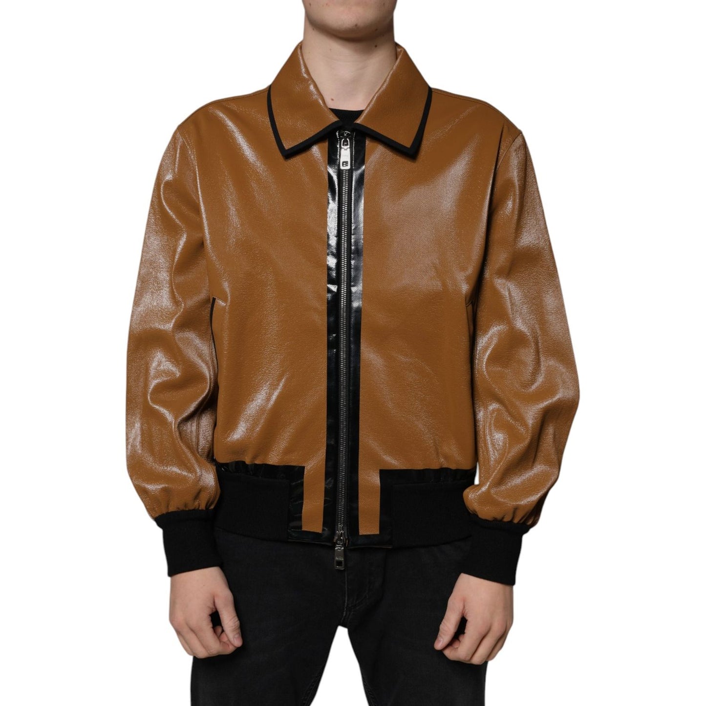 Dolce & Gabbana Brown Leather Full Zip Men Bomber Jacket Dolce & Gabbana