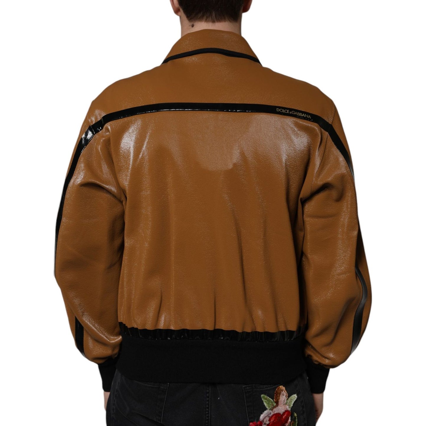 Dolce & Gabbana Brown Leather Full Zip Men Bomber Jacket Dolce & Gabbana