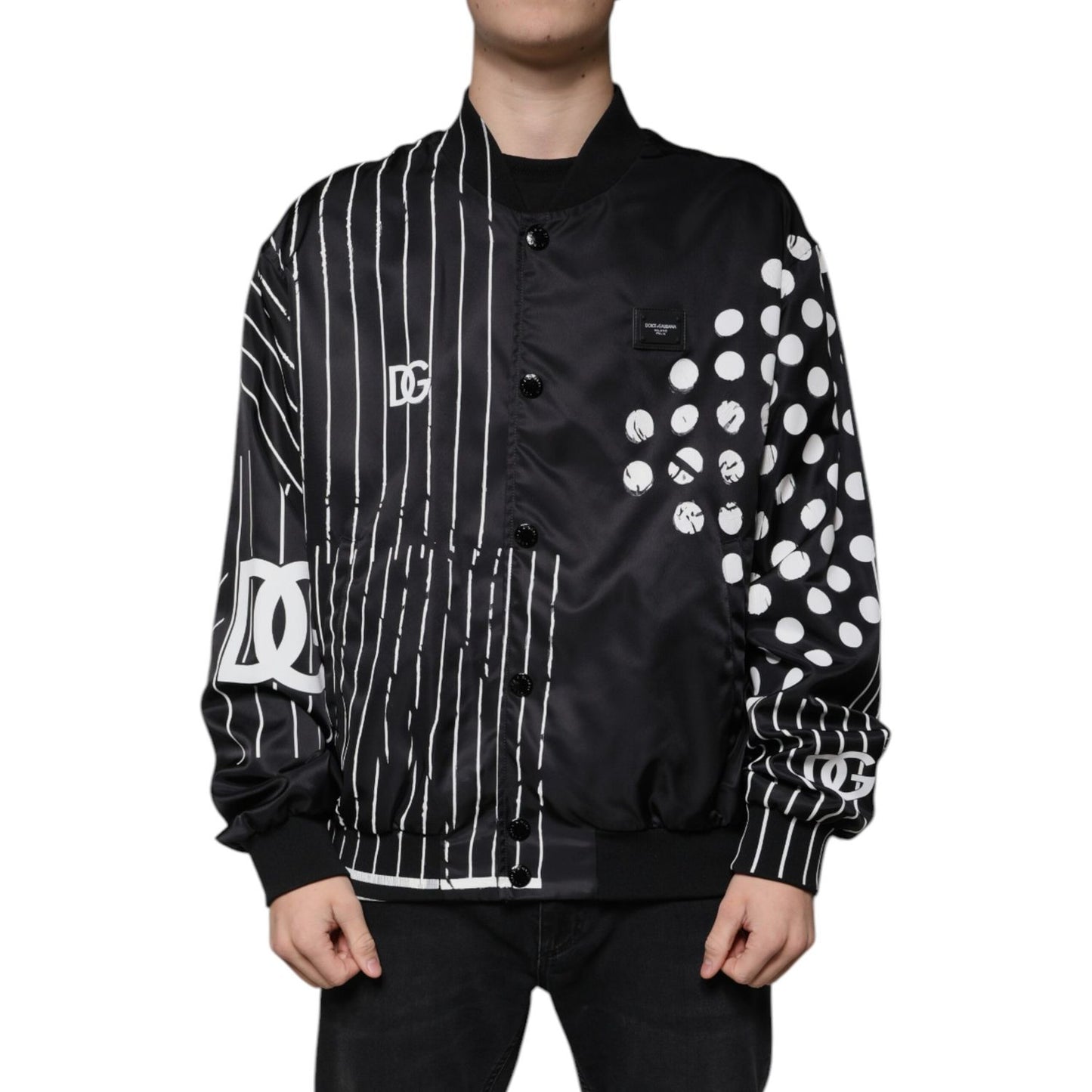 Dolce & Gabbana Black Polka Dot Stripe Nylon Bomber Jacket
