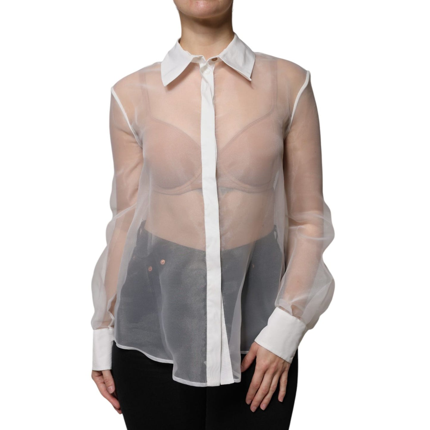 Elisabetta Franchi White Sheer Collared Buttoned Long Sleeves Top