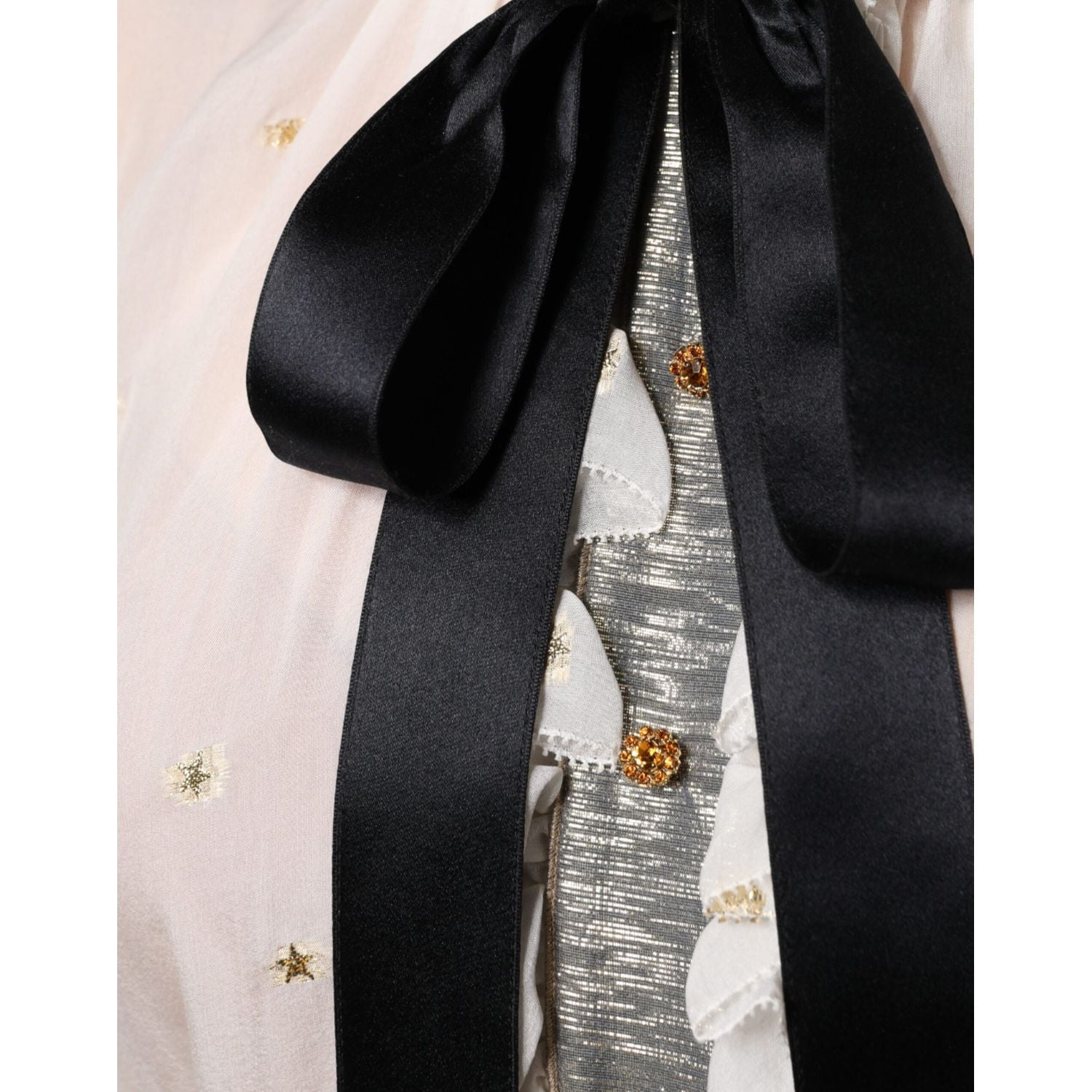 Dolce & Gabbana Off White Silk Blend Ascot Collar Blouse Top