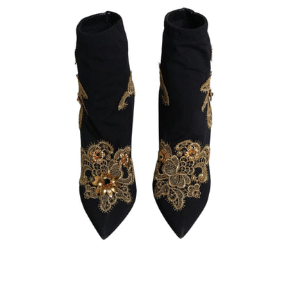 Dolce & Gabbana Black Gold Embroidery Slip On Boots Shoes