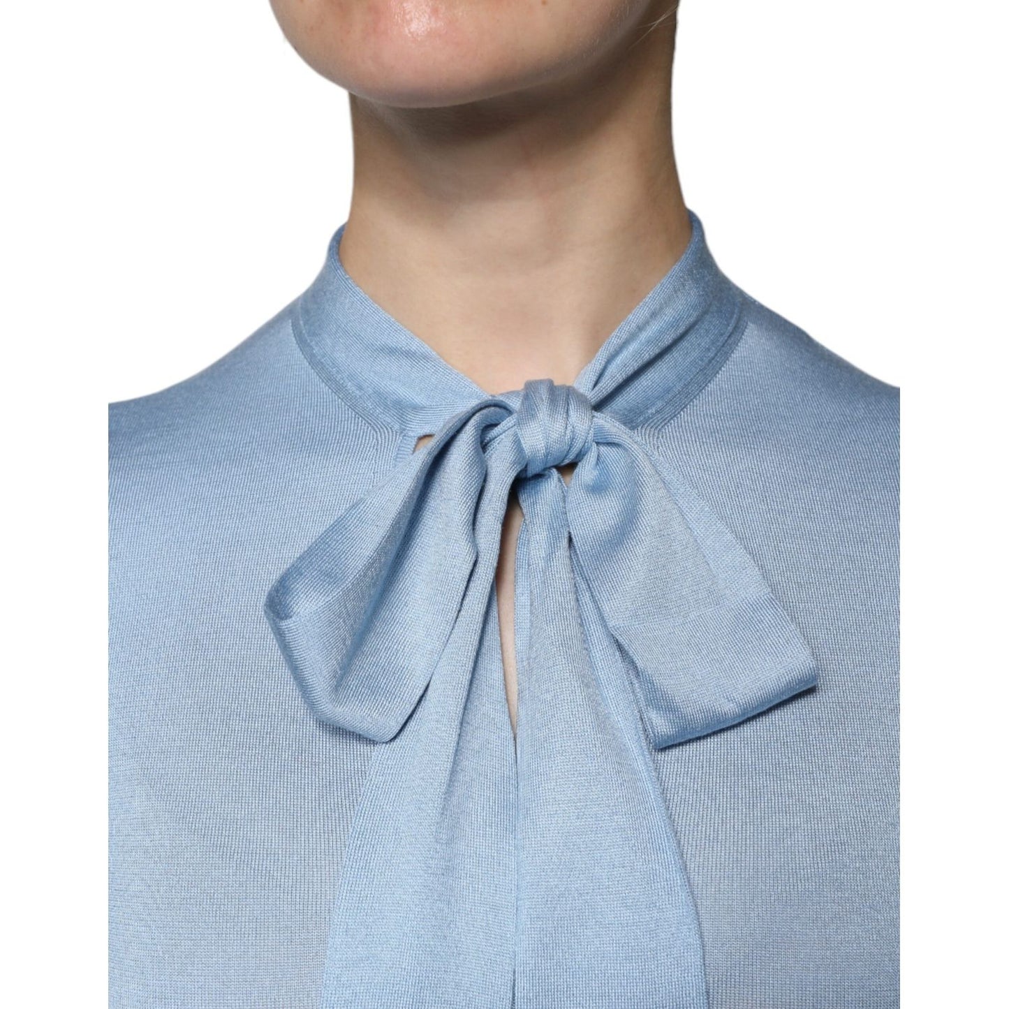 Dolce & Gabbana Blue Silk Knit Pullover Ascot Collar Top