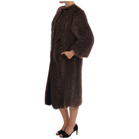 Dolce & Gabbana Elegant Brown Raccoon Fur Knee-Length Coat Coats & Jackets Dolce & Gabbana