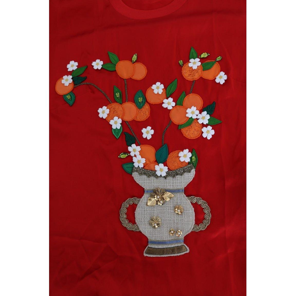 Dolce & Gabbana Red Silk Floral Embroidered Elegance Top Dolce & Gabbana