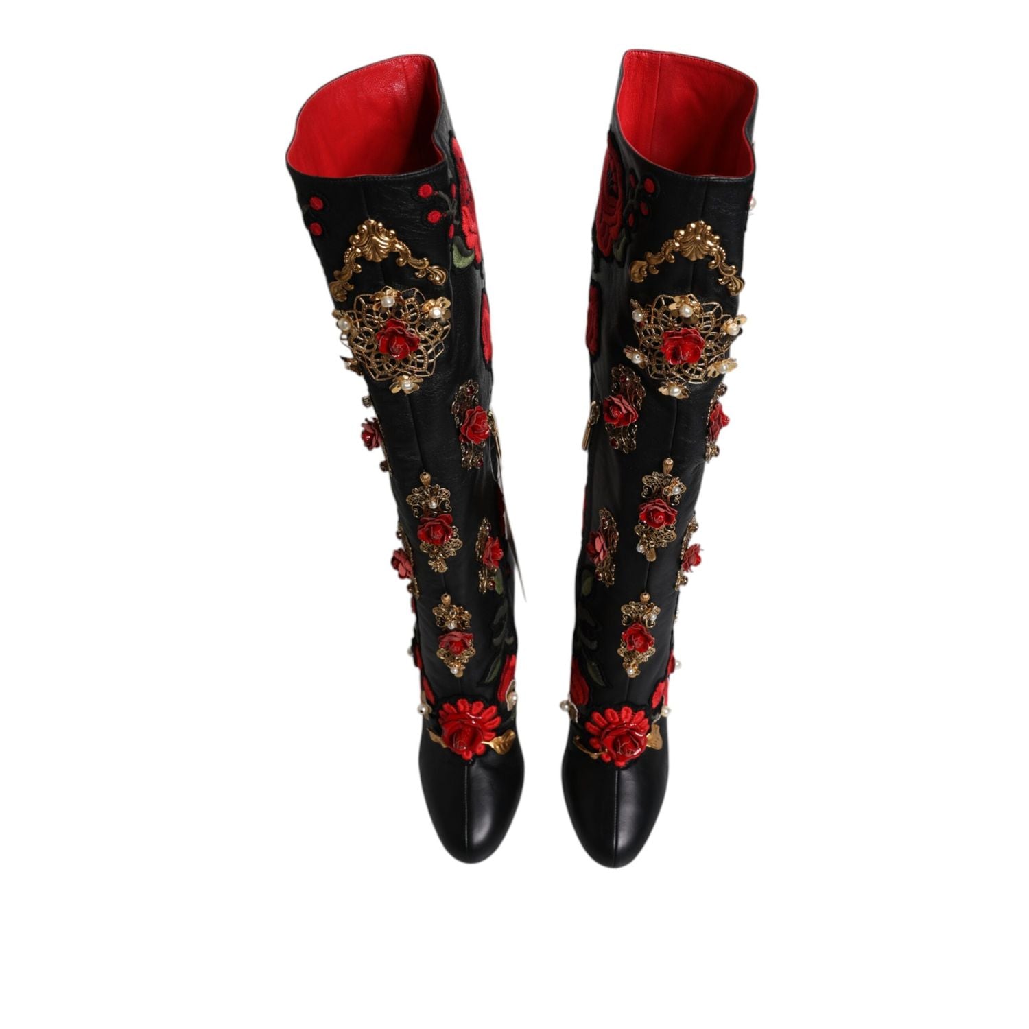 Dolce & Gabbana Black Roses Embellished Leather Heel Boots Shoes