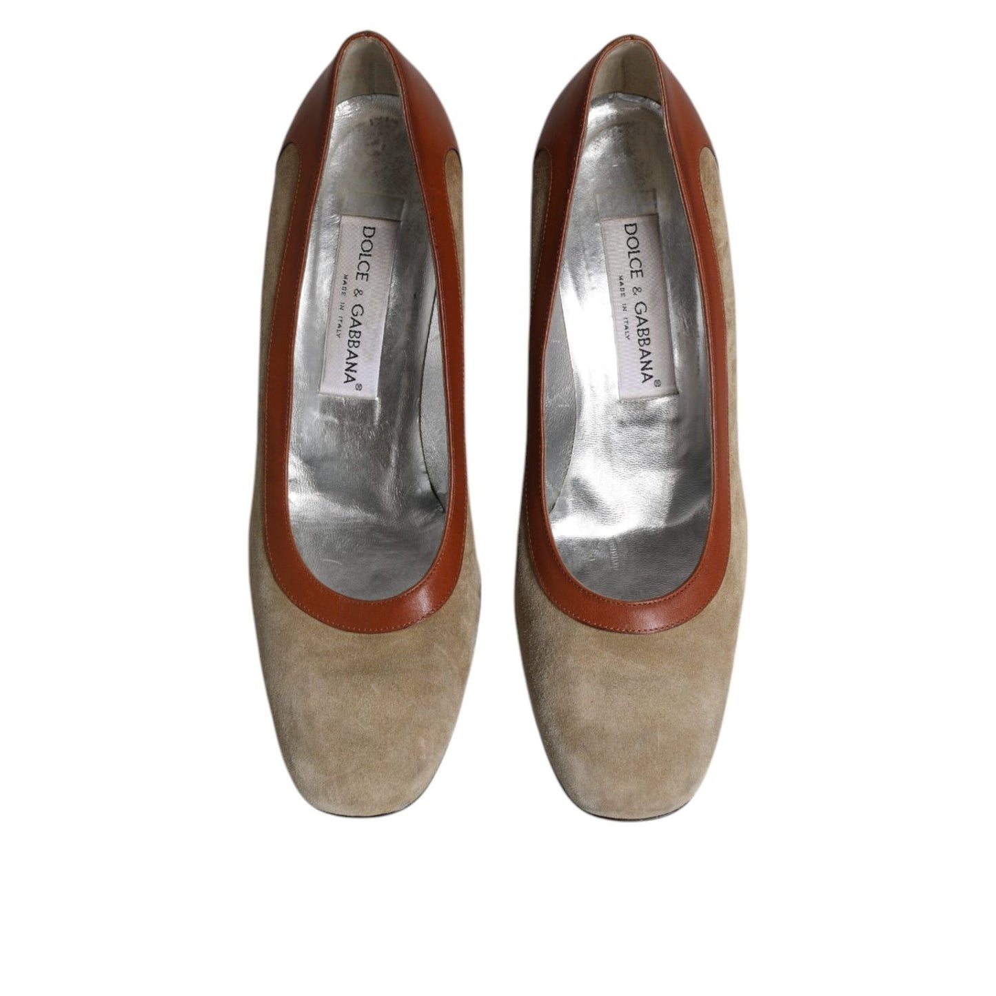 Dolce & Gabbana Beige Brown Leather Block Heels Pumps Shoes