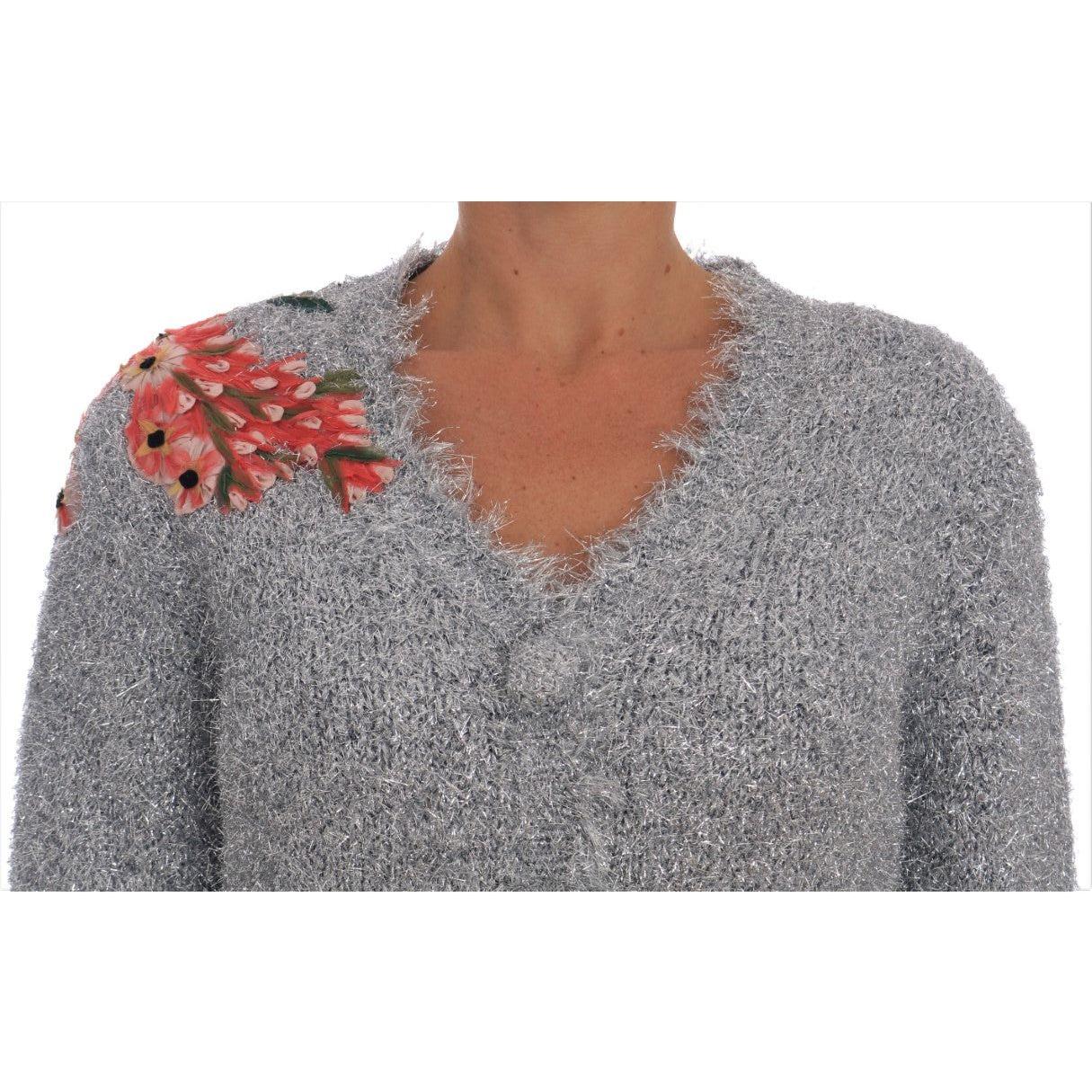 Dolce & Gabbana Silver Cardigan Floral Applique Sweater