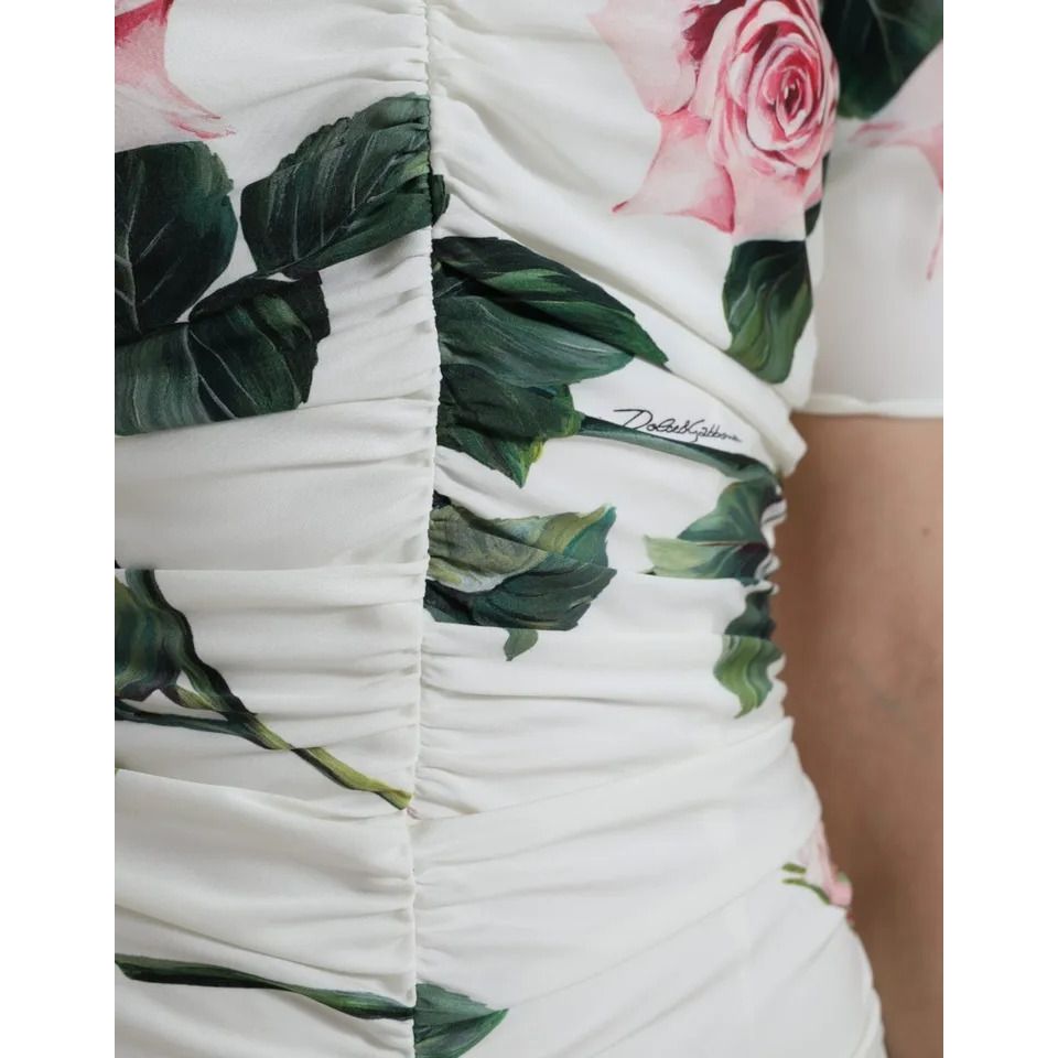 Dolce & Gabbana White Roses Print Stretch Silk Pleated Dress