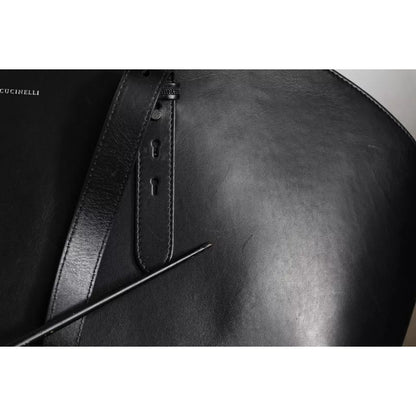 Brunello Cucinelli Black Leather Logo Shoulder Strap Shopping Tote Bag