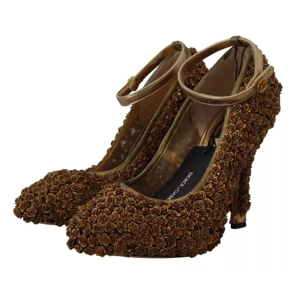 Dolce & Gabbana Gold Roses Embellished Heels Pumps Shoes