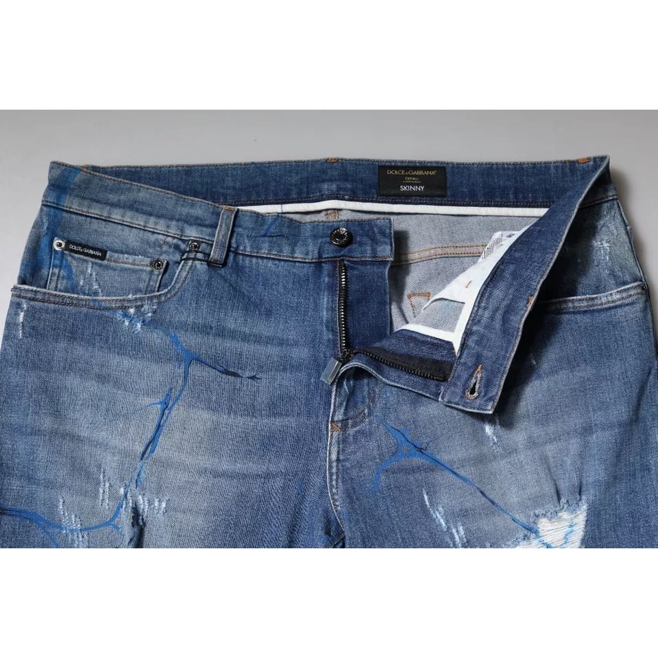 Dolce & Gabbana Blue Cotton Stretch Tattered Skinny Denim Jeans