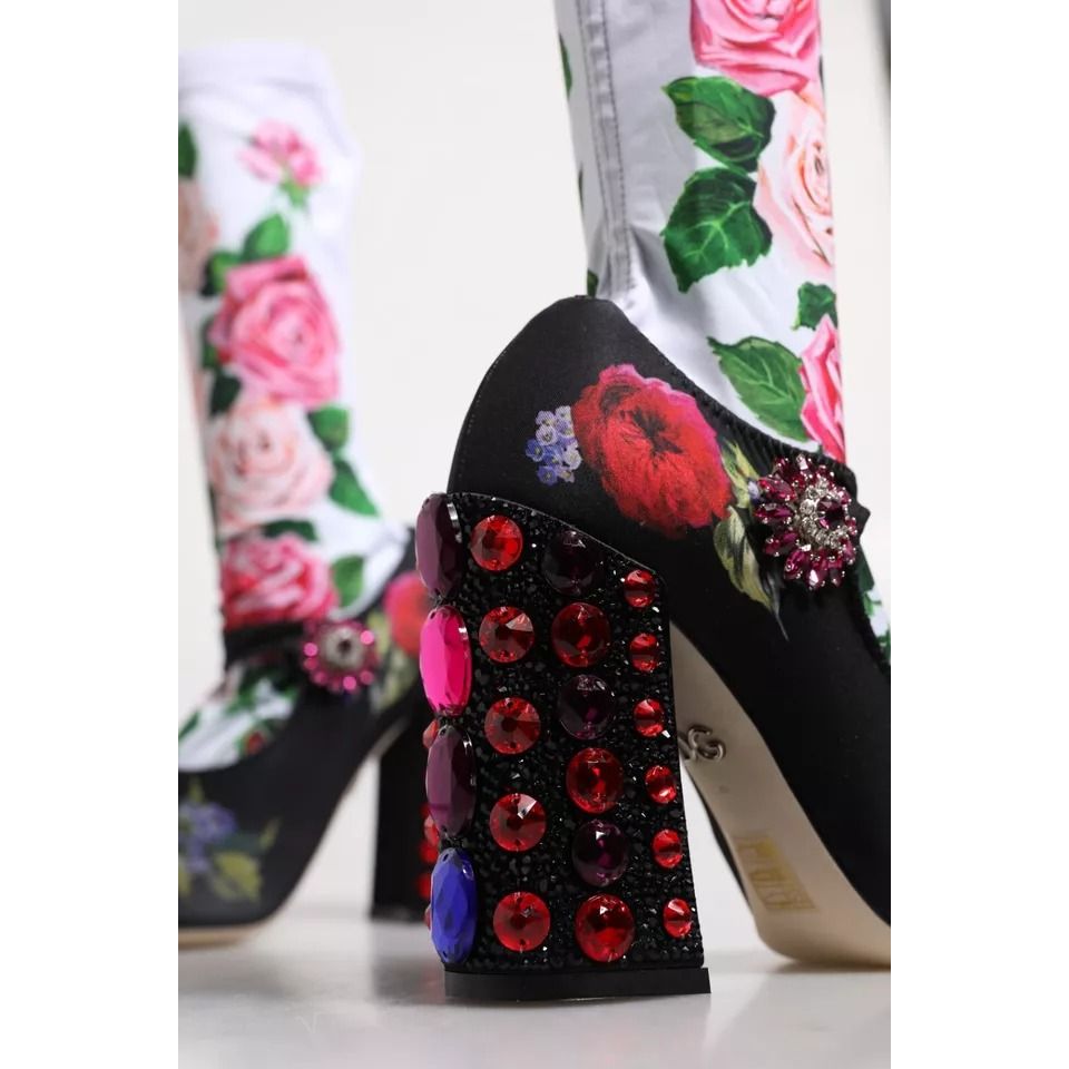 Dolce & Gabbana Black Floral Socks Crystal Boots Jersey Shoes