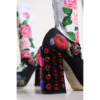 Dolce & Gabbana Black Floral Socks Crystal Boots Jersey Shoes