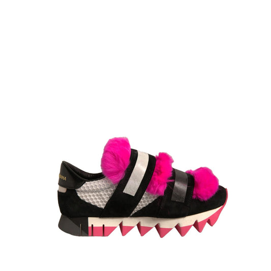 Dolce & Gabbana Black Pink Fur Embellished Sneakers Shoes