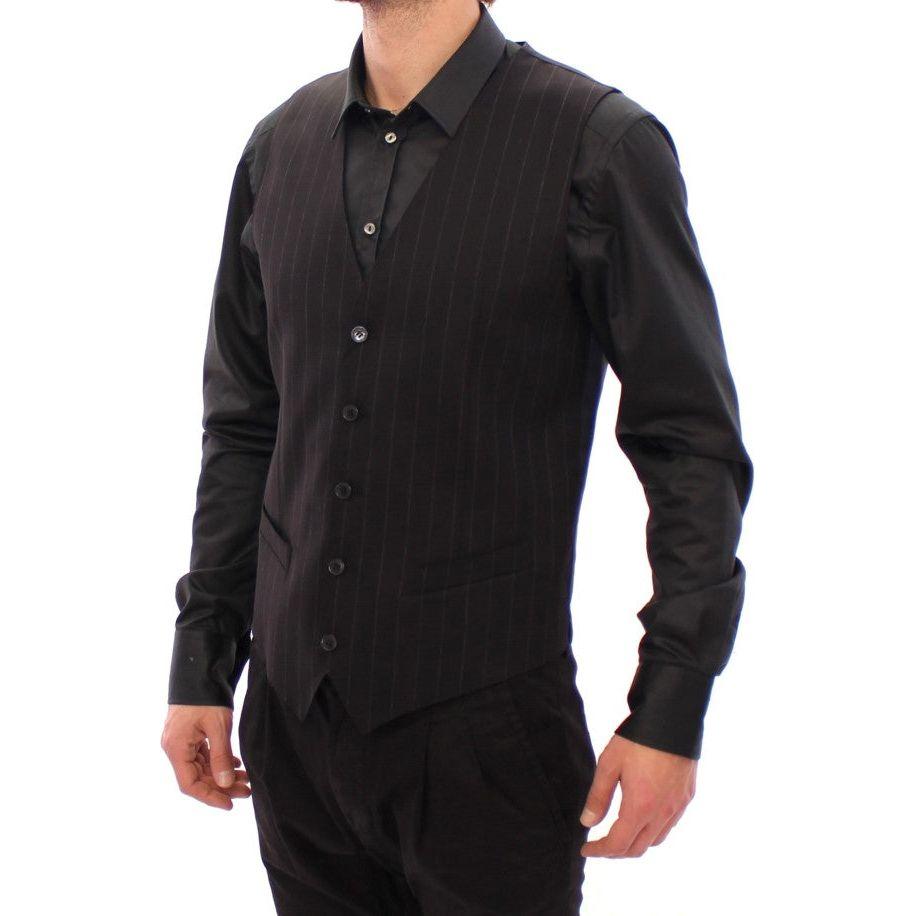 优雅黑色条纹羊毛连衣裙背心