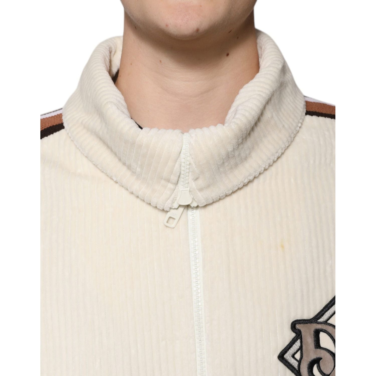 Dolce & Gabbana Beige Logo Applique Cotton Corduroy Full Zip Jacket