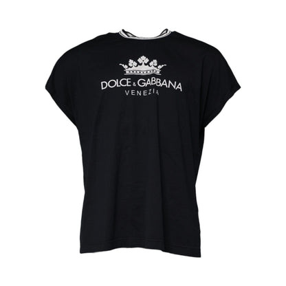 Dolce & Gabbana Dark Blue Logo Crown Cotton Crew Neck T-shirt