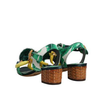Dolce & Gabbana Green Crystal Fur Embellished Sandals Shoes