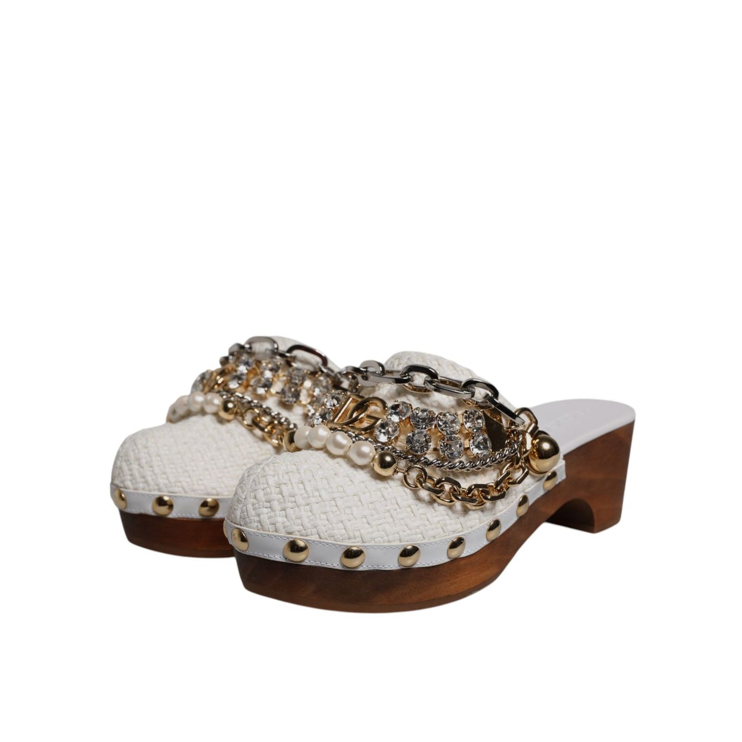 Dolce & Gabbana White Raffia Clogs Bejeweled Chain Sandals Shoes