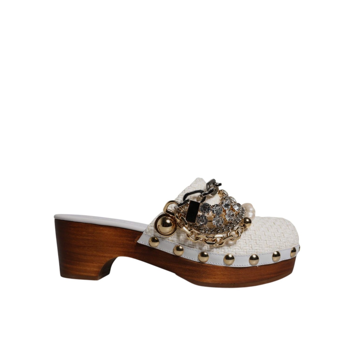 Dolce & Gabbana White Raffia Clogs Bejeweled Chain Sandals Shoes