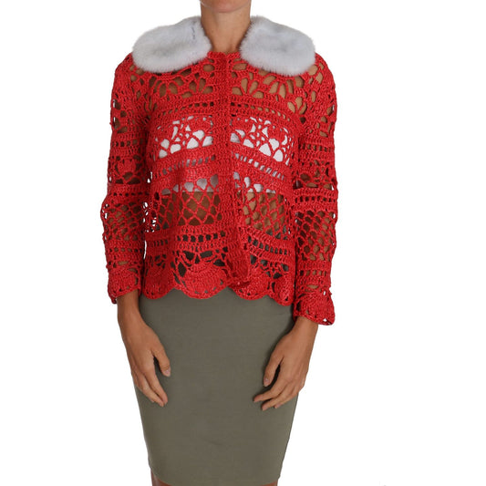 Dolce & Gabbana Elegant Red Crochet Knit Cardigan with Fur Collar