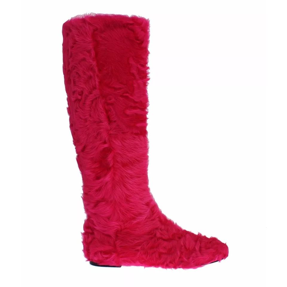 Dolce & Gabbana Pink Lamb Fur Leather Flat Boots Shoes