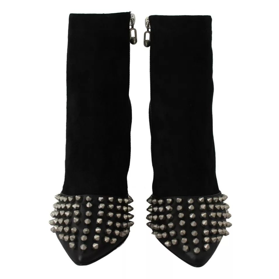 Philipp Plein Black Suede Studded Heels Ankle Boots Shoes