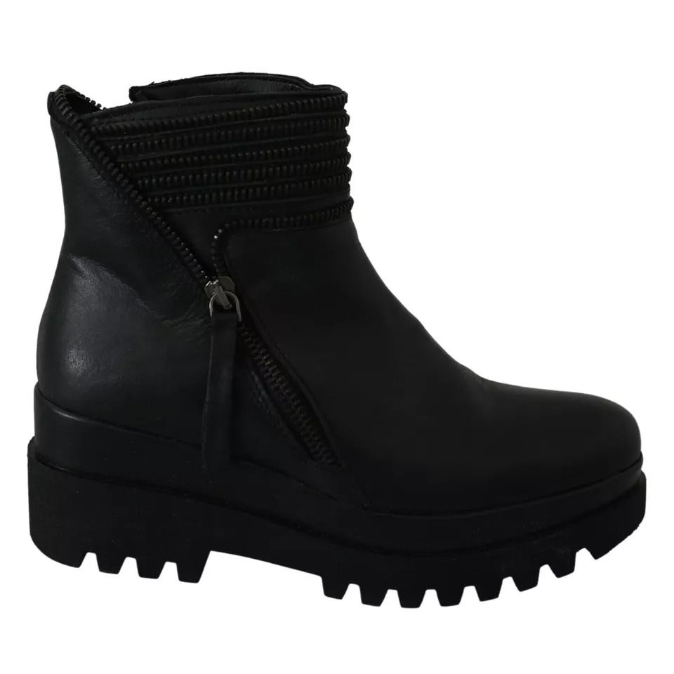 Ovyé Black Leather Zipper Ankle Boots Shoes