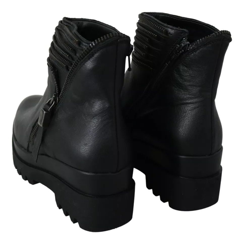 Ovyé Black Leather Zipper Ankle Boots Shoes