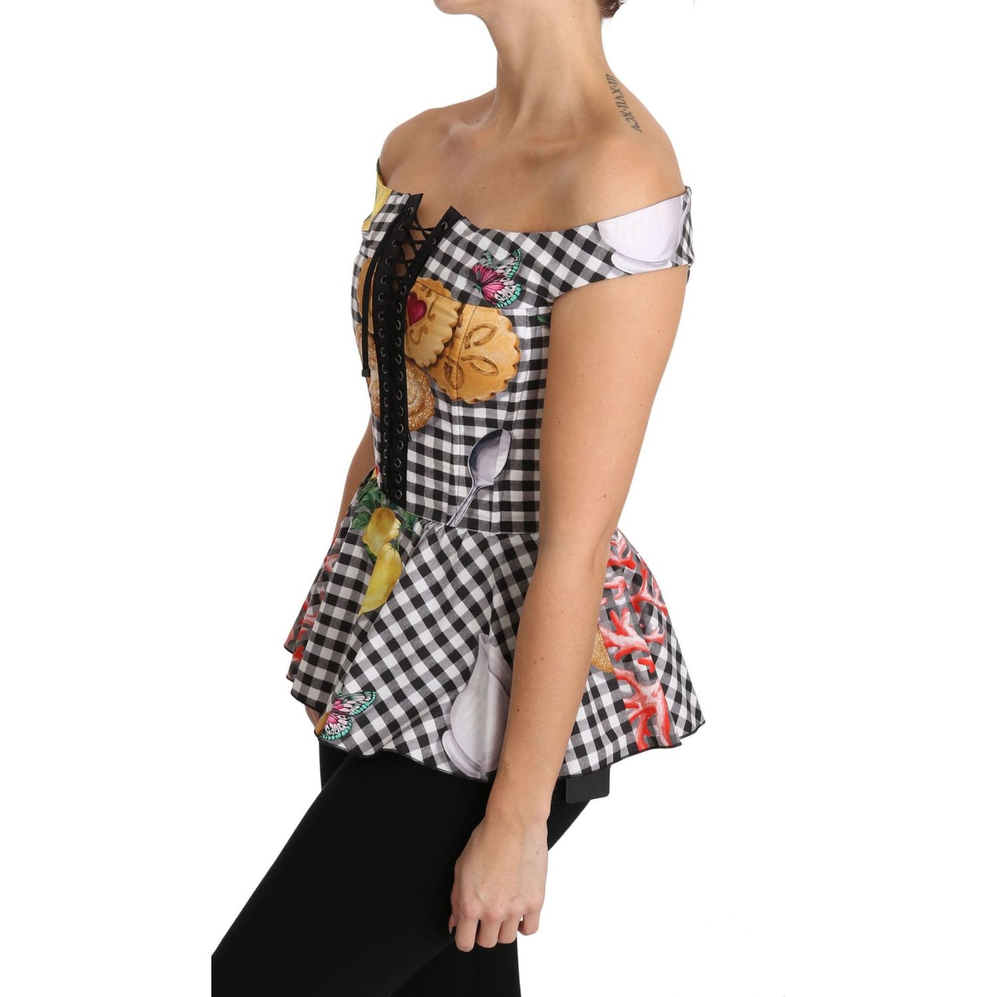 Dolce & Gabbana Black and White Corset Blouse Sicily Lemon Check Top