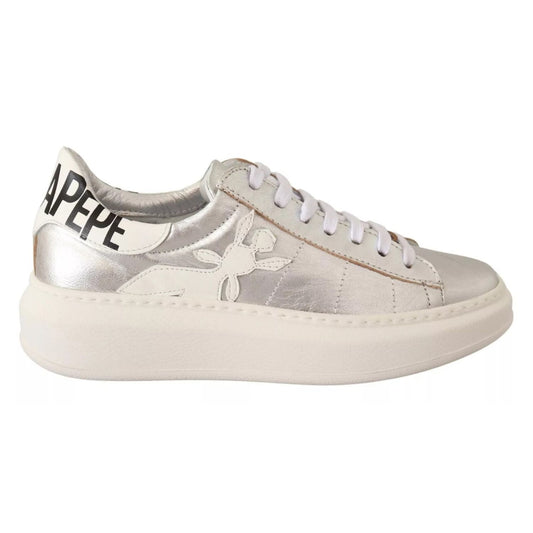 Patrizia Pepe Silver Full Grain Leather Lace Up Sneakers Shoes