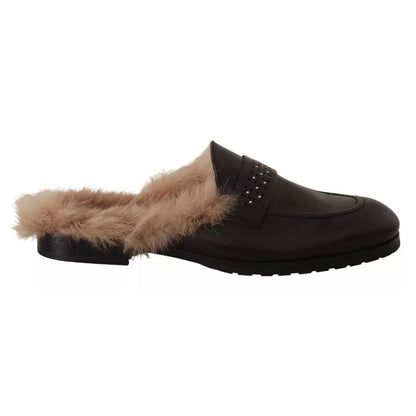 Peserico Black Leather Fur Perforated Slip On Flats Shoes