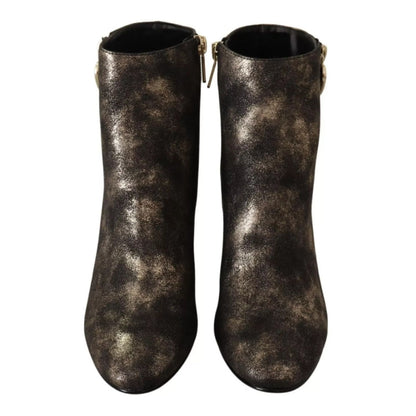 MY TWIN Black Leather Block Heels Ankle Boots Zipper Shoes