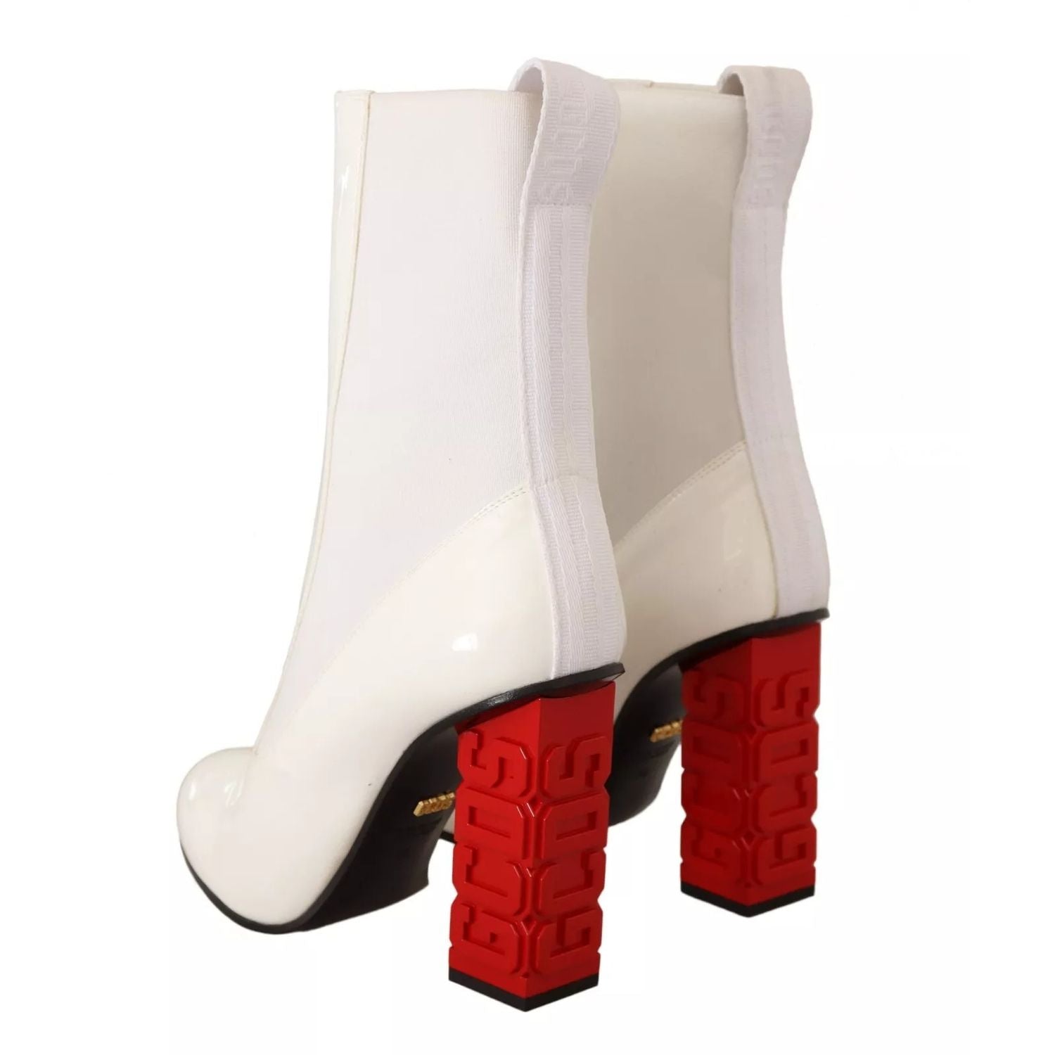 GCDS White Leather Fabric Red Logo Heel Ankle Boots Shoes