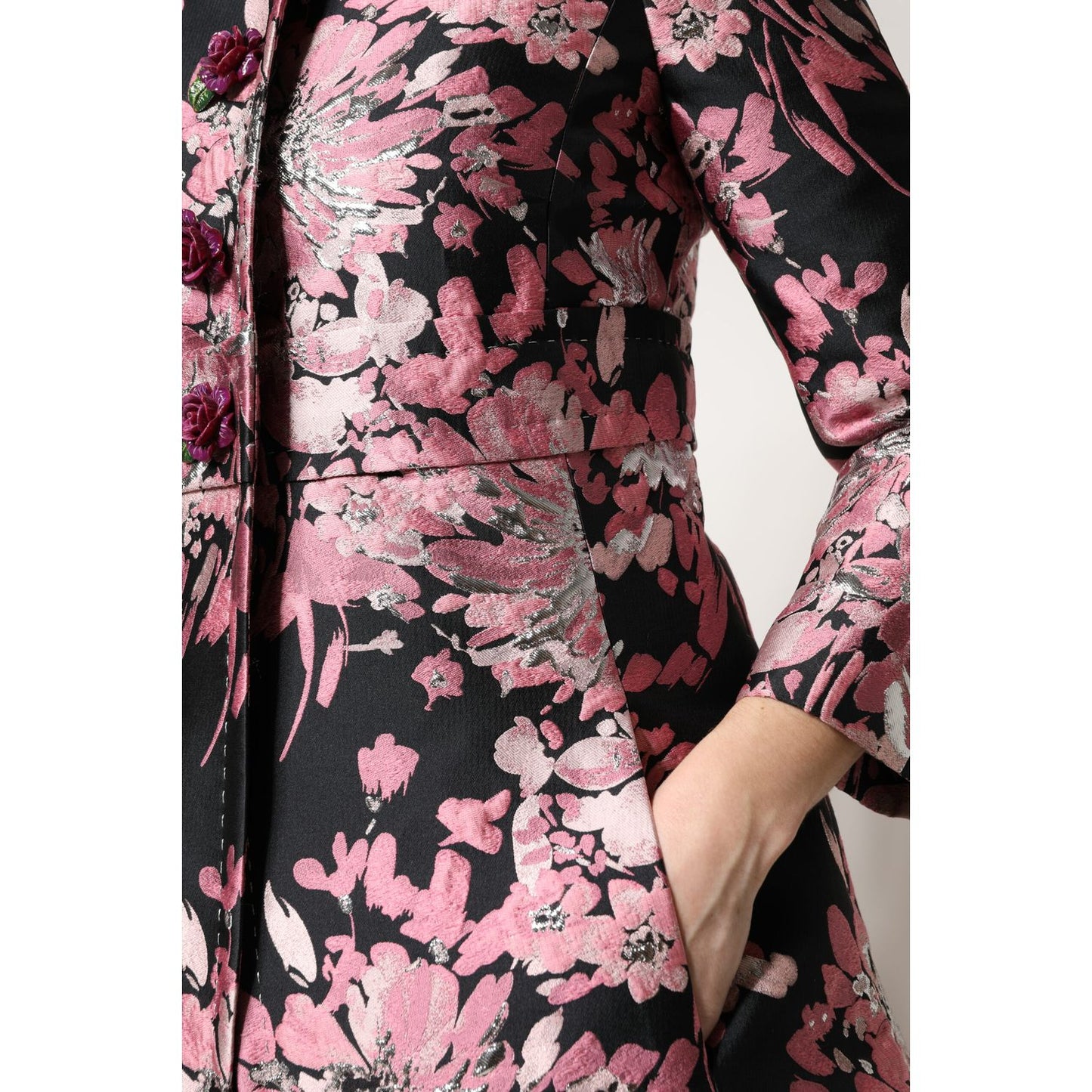 Dolce & Gabbana Pink Black Floral Brocade Trenchcoat Jacket