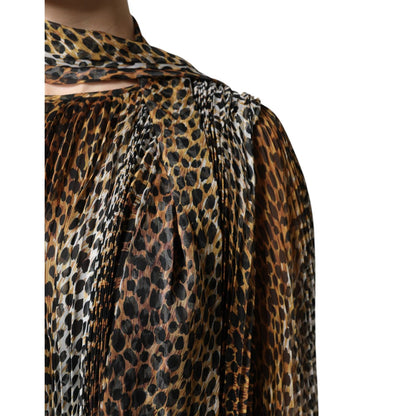 Dolce & Gabbana Brown Leopard Print Scarf Collared Chiffon Dress