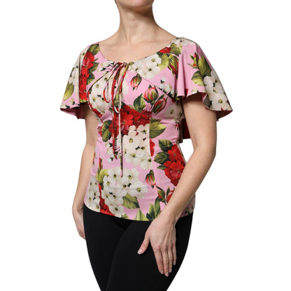 Dolce & Gabbana Pink Floral Silk Short Sleeves Blouse Top