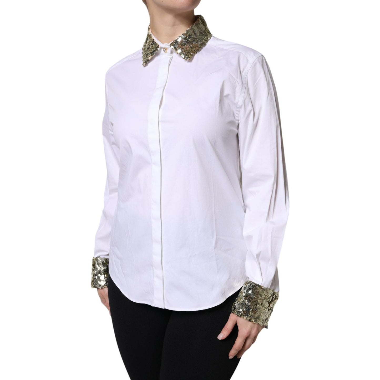 Dolce & Gabbana White Cotton Long Sleeves Sequin Shirt Top